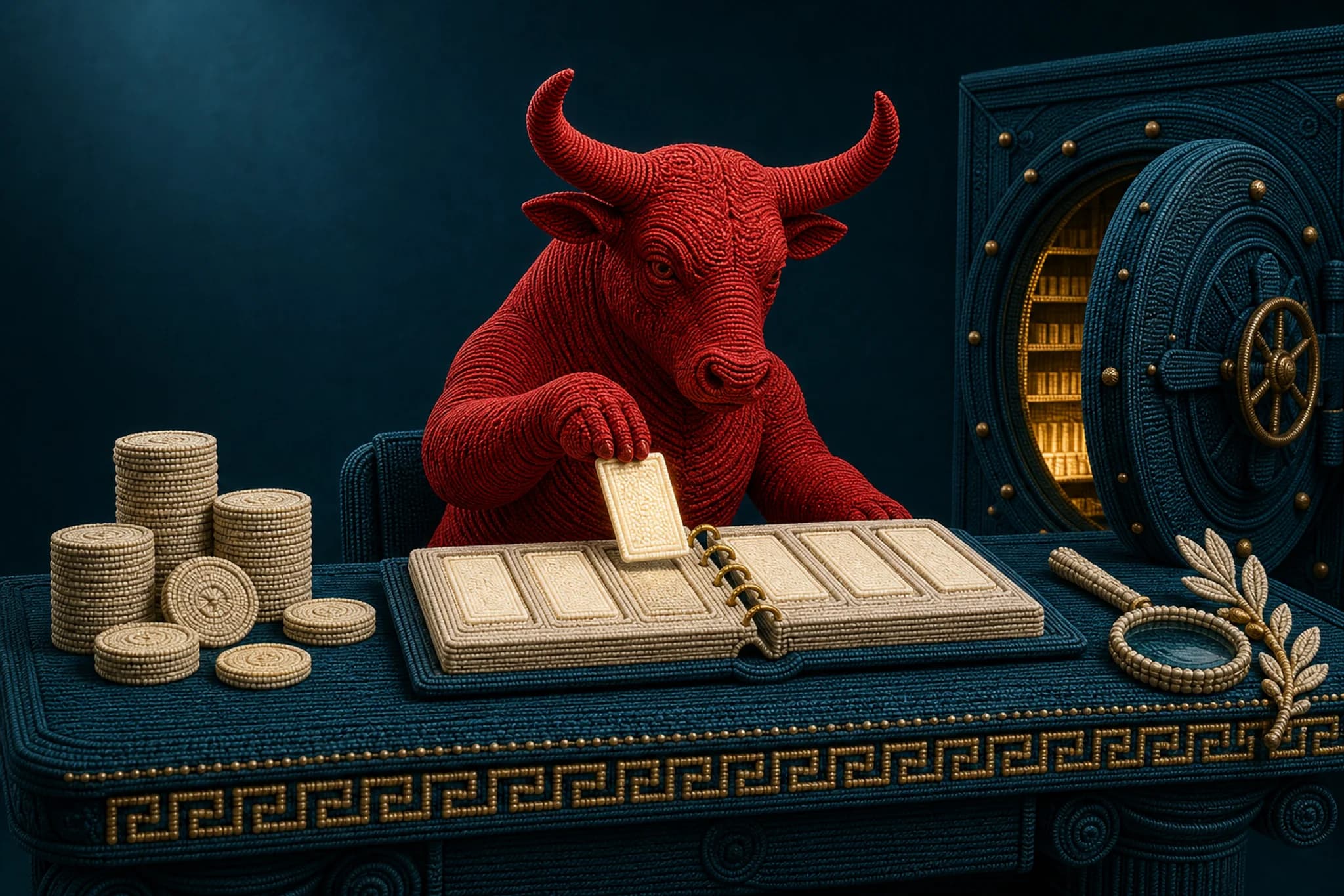 A woven bull filing ivory cards into a ledger album in front of an open vault