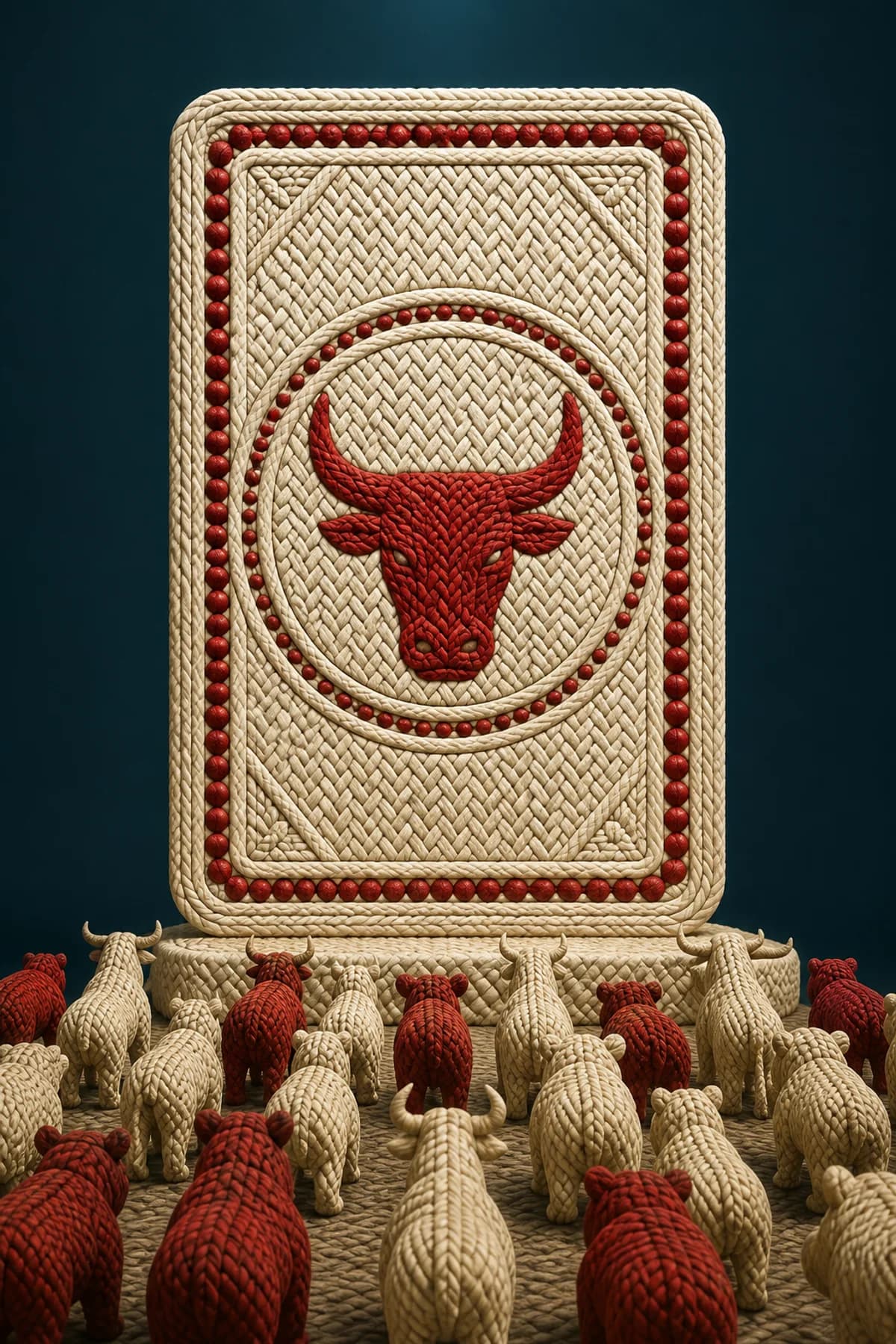 A monumental woven card standing like a stela above a crowd of woven bulls